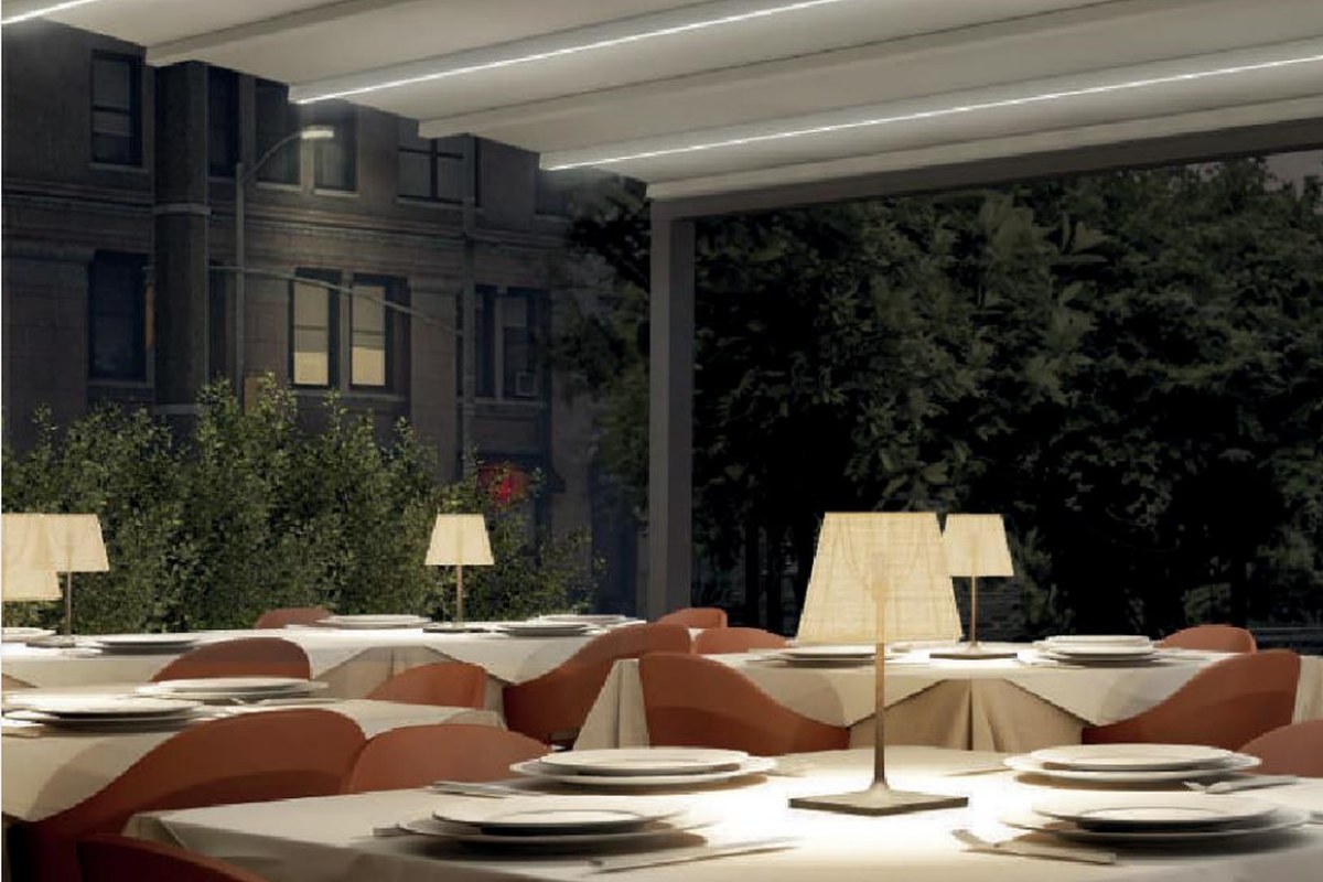 Retractable pergola with LED lighting for evening terrace