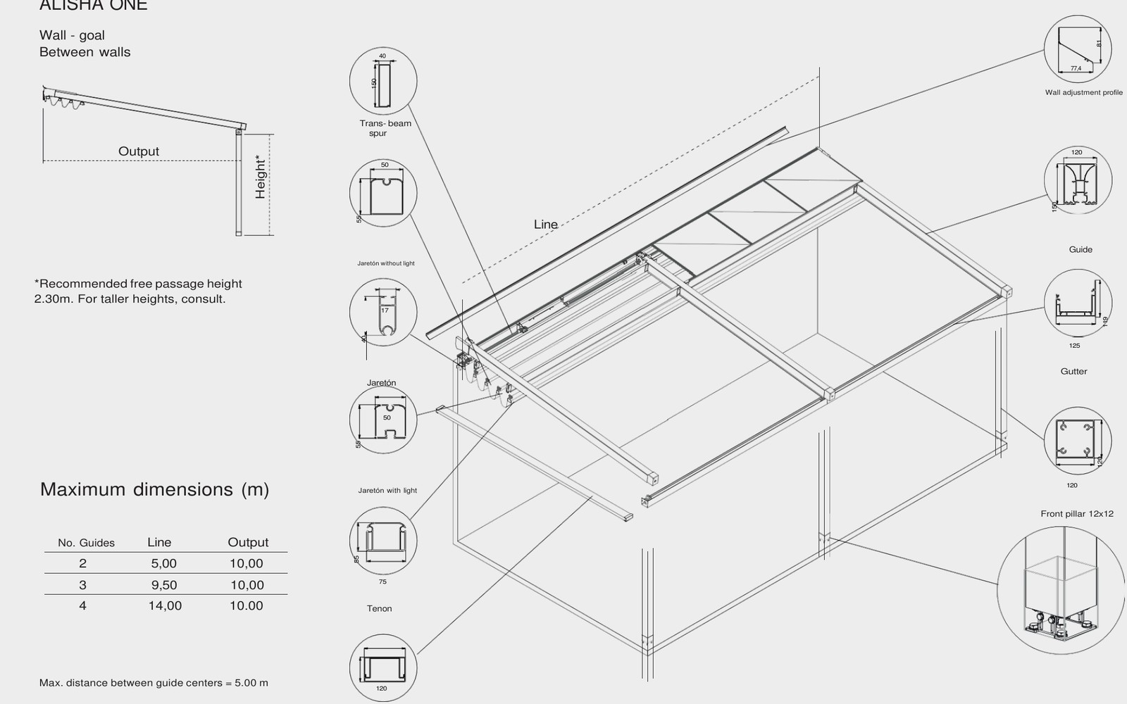 ALISHA One technical measurements and pergola profile details