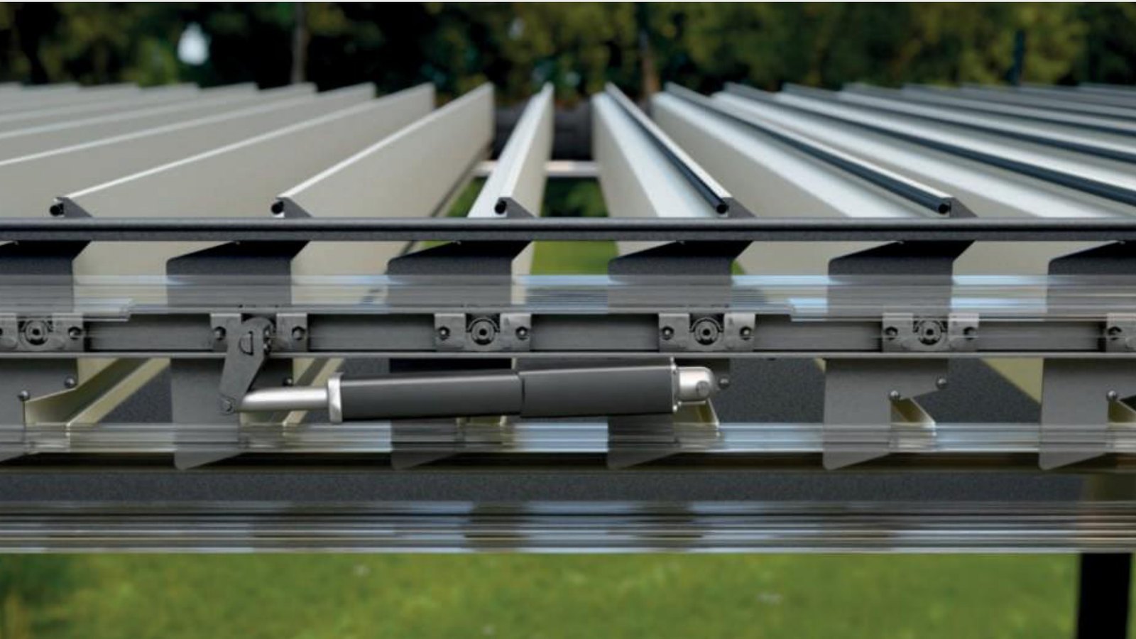 Hidden motorisation system inside bioclimatic pergola beam