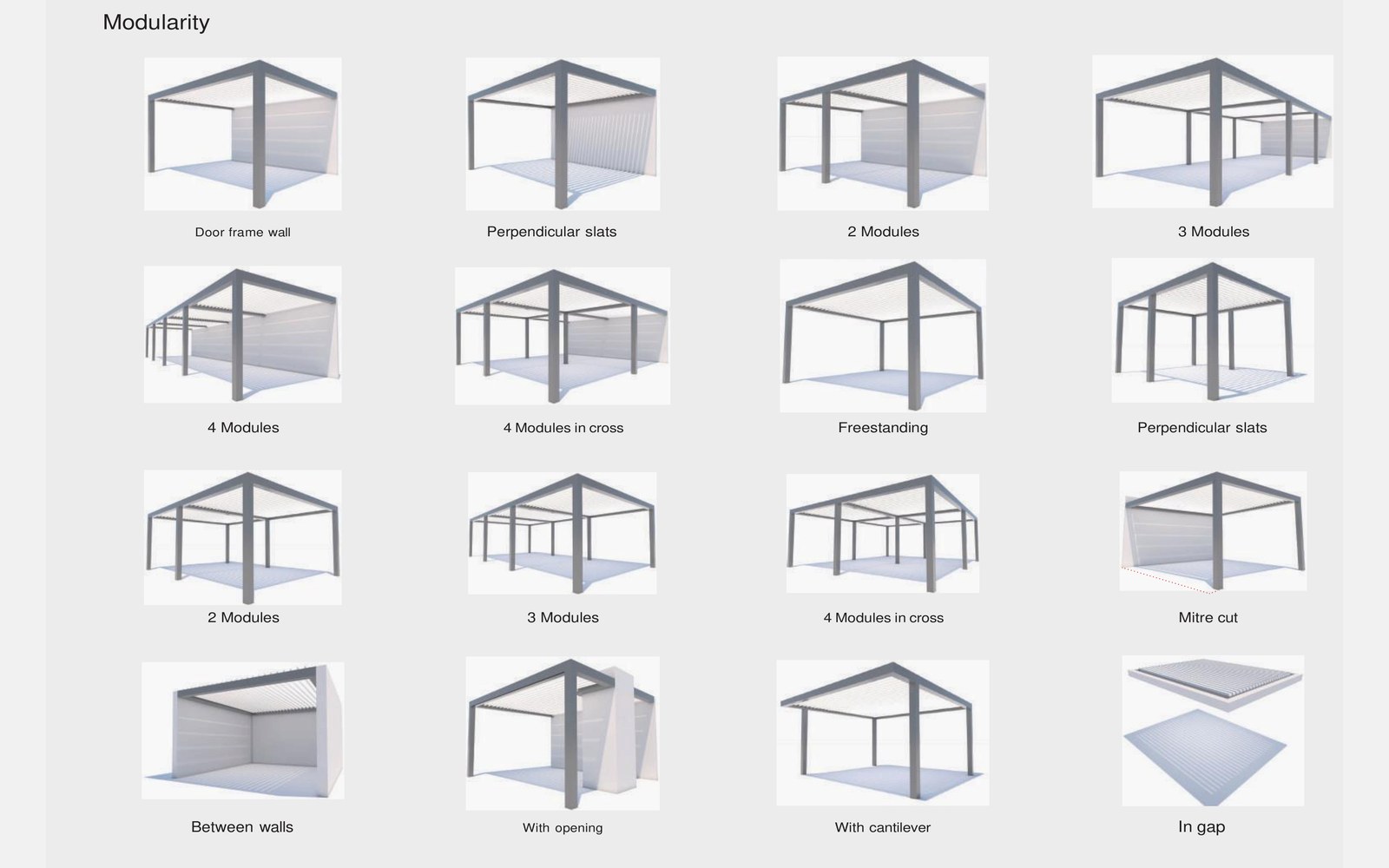 Modular configurations for freestanding wall mounted and multi module pergolas