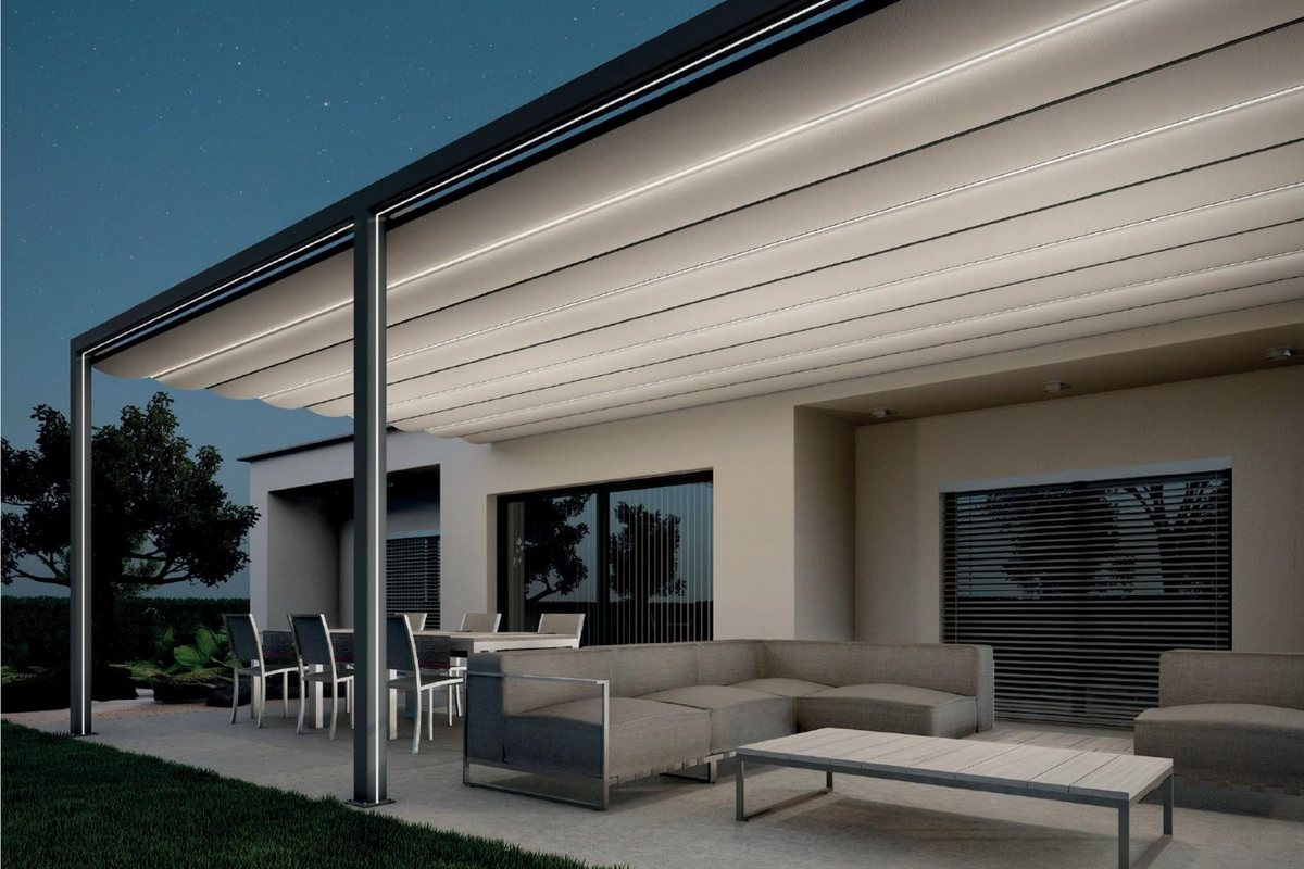 Patio awning with LED lighting for evening use