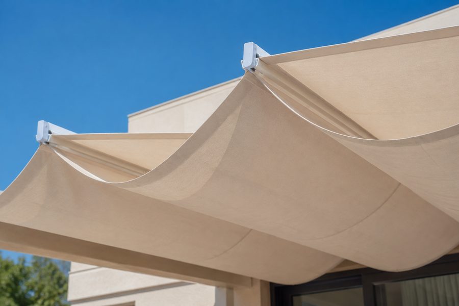 Folding fabric canopy detail for patio awning