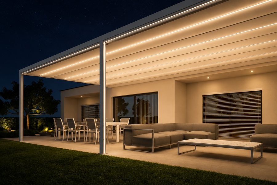 Electric awning with LED lighting at night