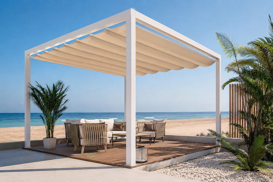Patio awning for outdoor lounge area