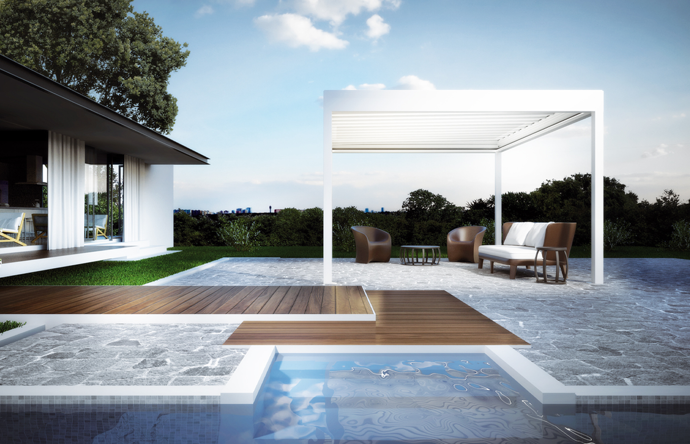 Retractable fabric-roof pergola
