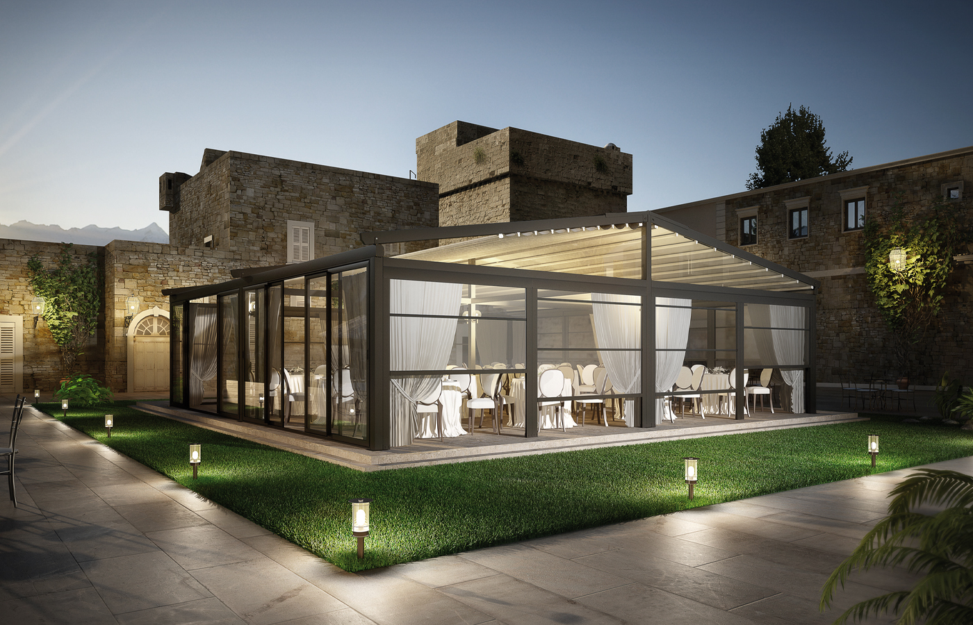 Atrium freestanding retractable pergola with glazed and fabric closures