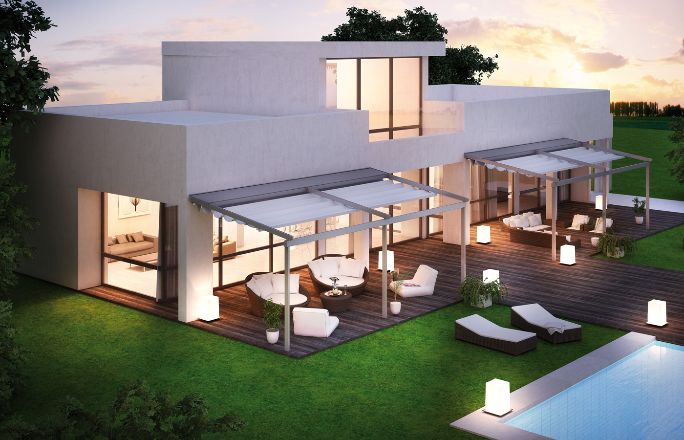 Compakt wall-mounted retractable fabric-roof pergola