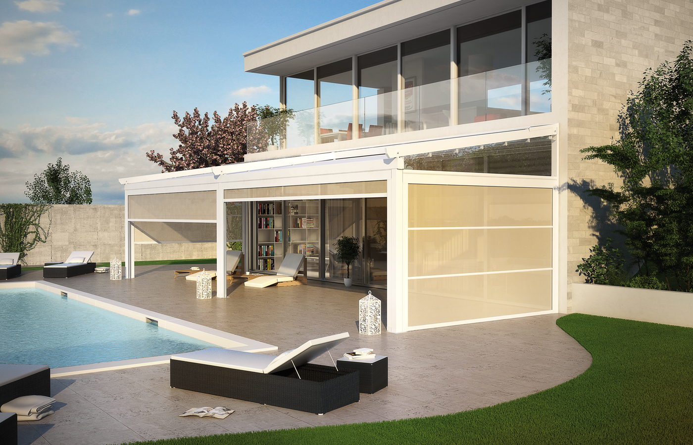 Quick wall-mounted retractable pergola with vertical screens
