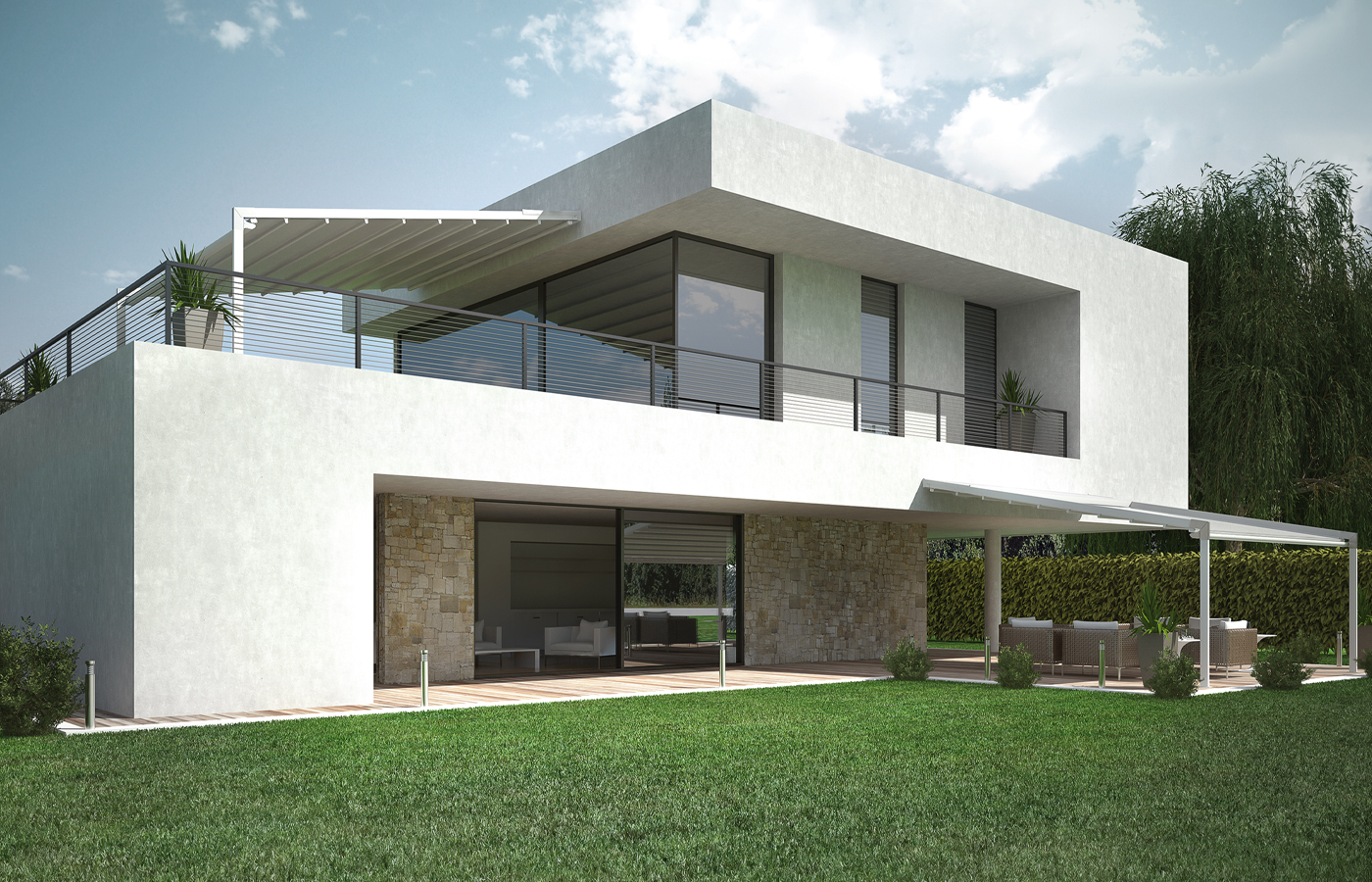 Flexia wall-mounted retractable pergola integrated with a modern house