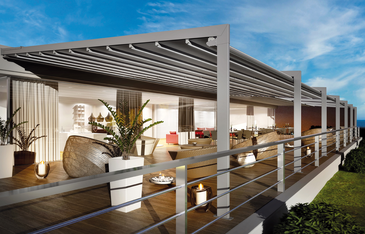 Even multi-module wall-mounted retractable pergola