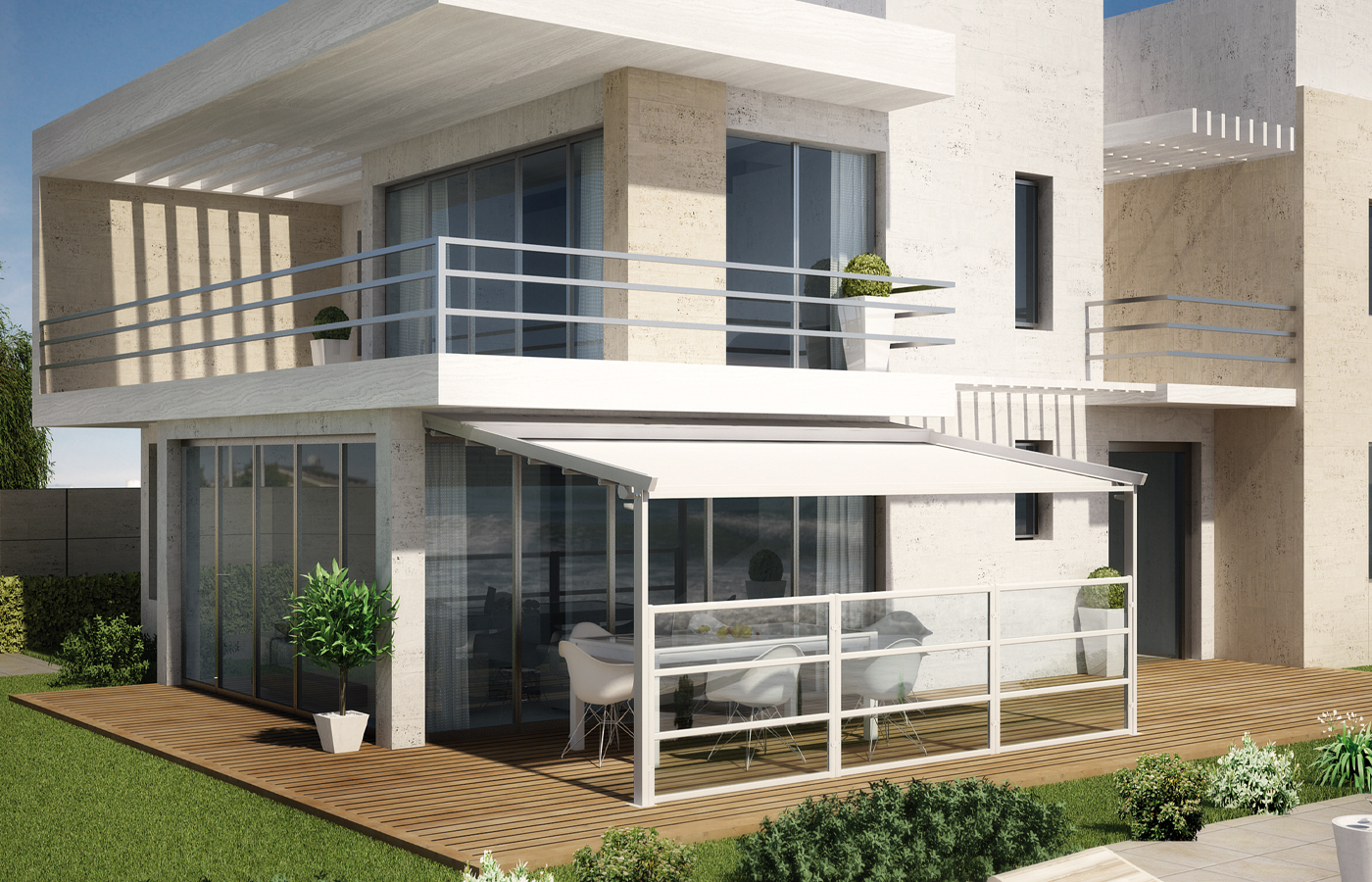 Pergalpack wall-mounted retractable pergola beside a house