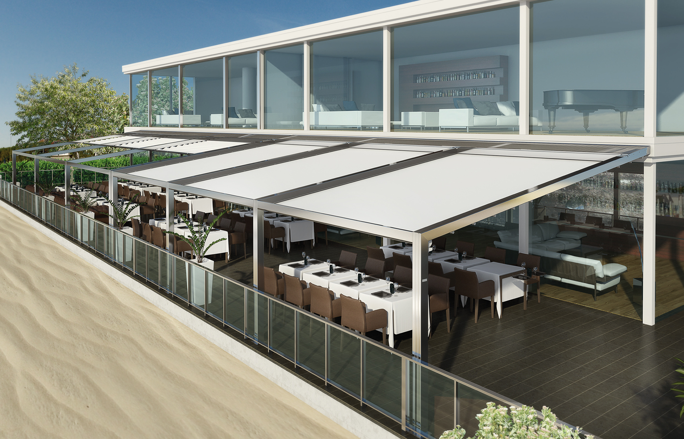 Imperium retractable fabric roof above a large restaurant terrace