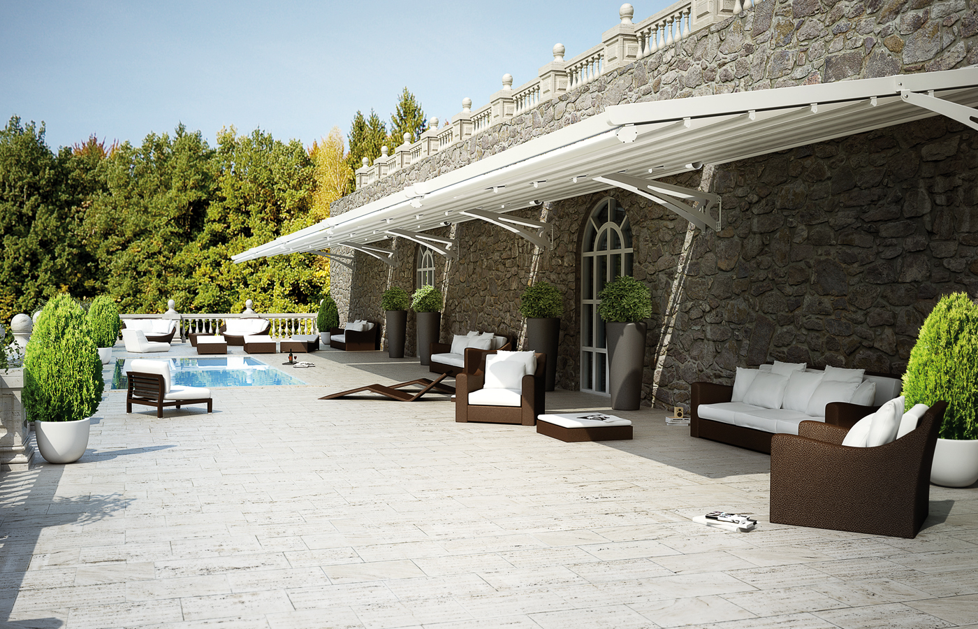 Fly cantilever retractable roof above a terrace