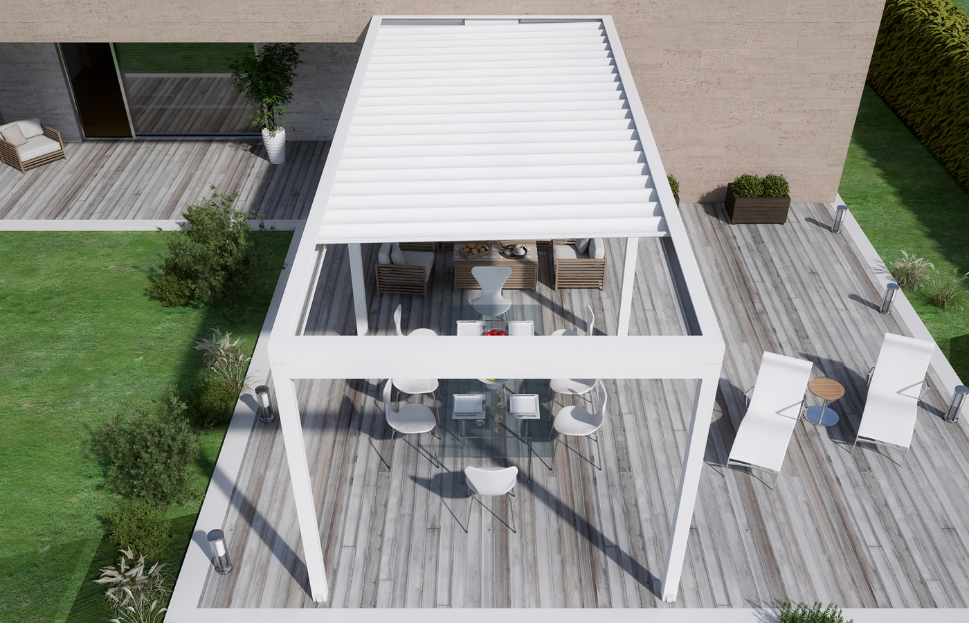 Armonia wall-mounted folding fabric roof viewed from above