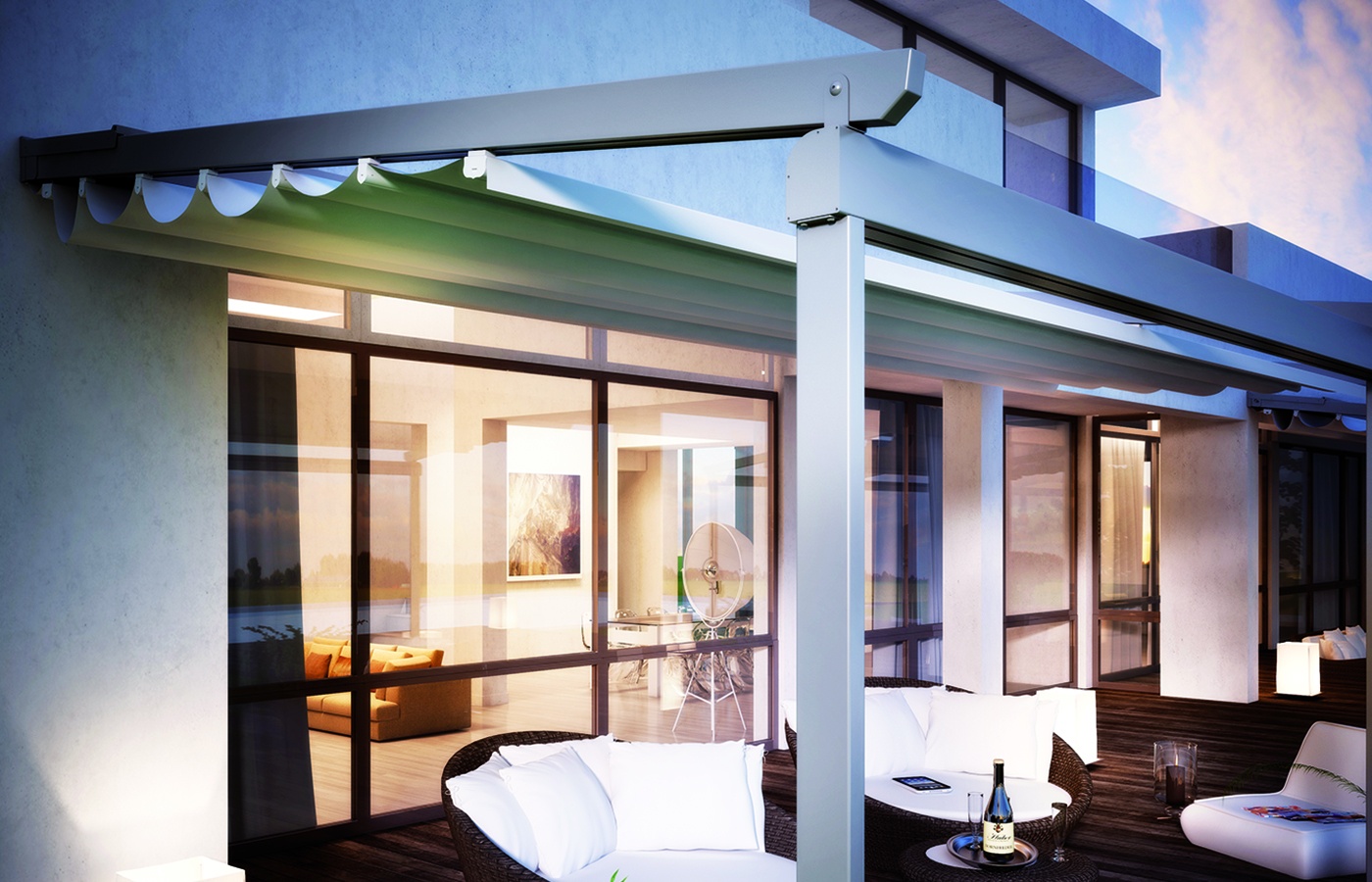 Compakt pergola with folding fabric roof and side closure