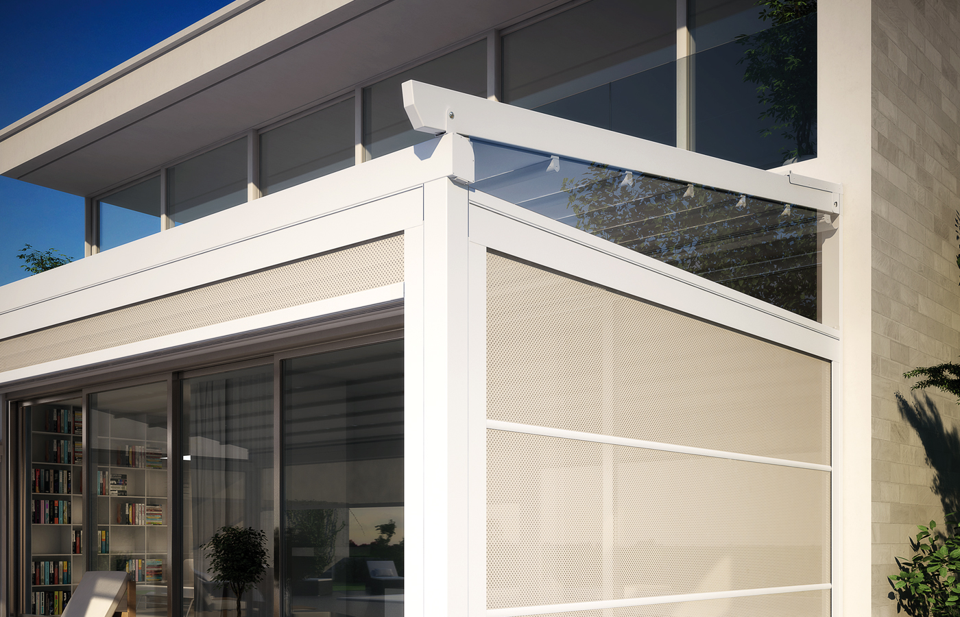Quick retractable pergola showing guided folding fabric