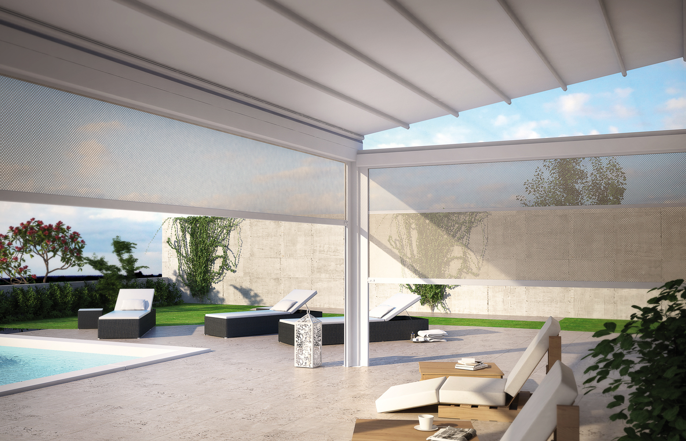 Quick retractable fabric roof and front gutter detail