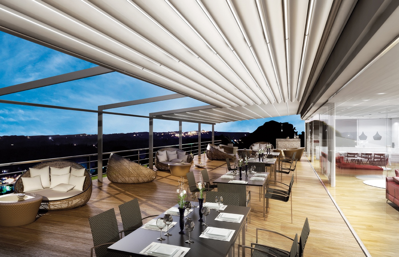 Even folding fabric roof above a hospitality terrace
