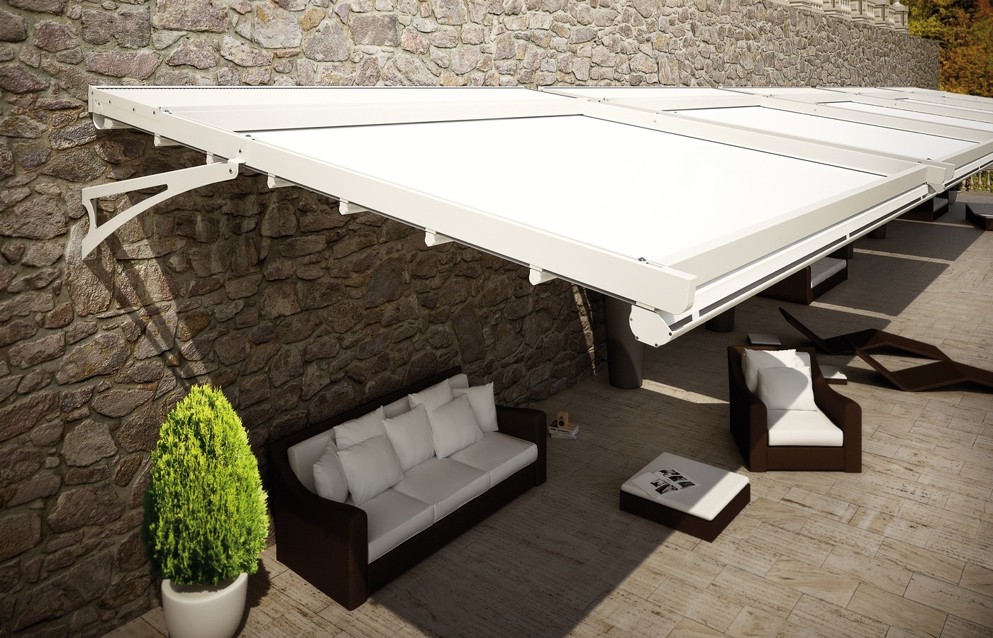 Fly cantilever retractable fabric roof viewed from above
