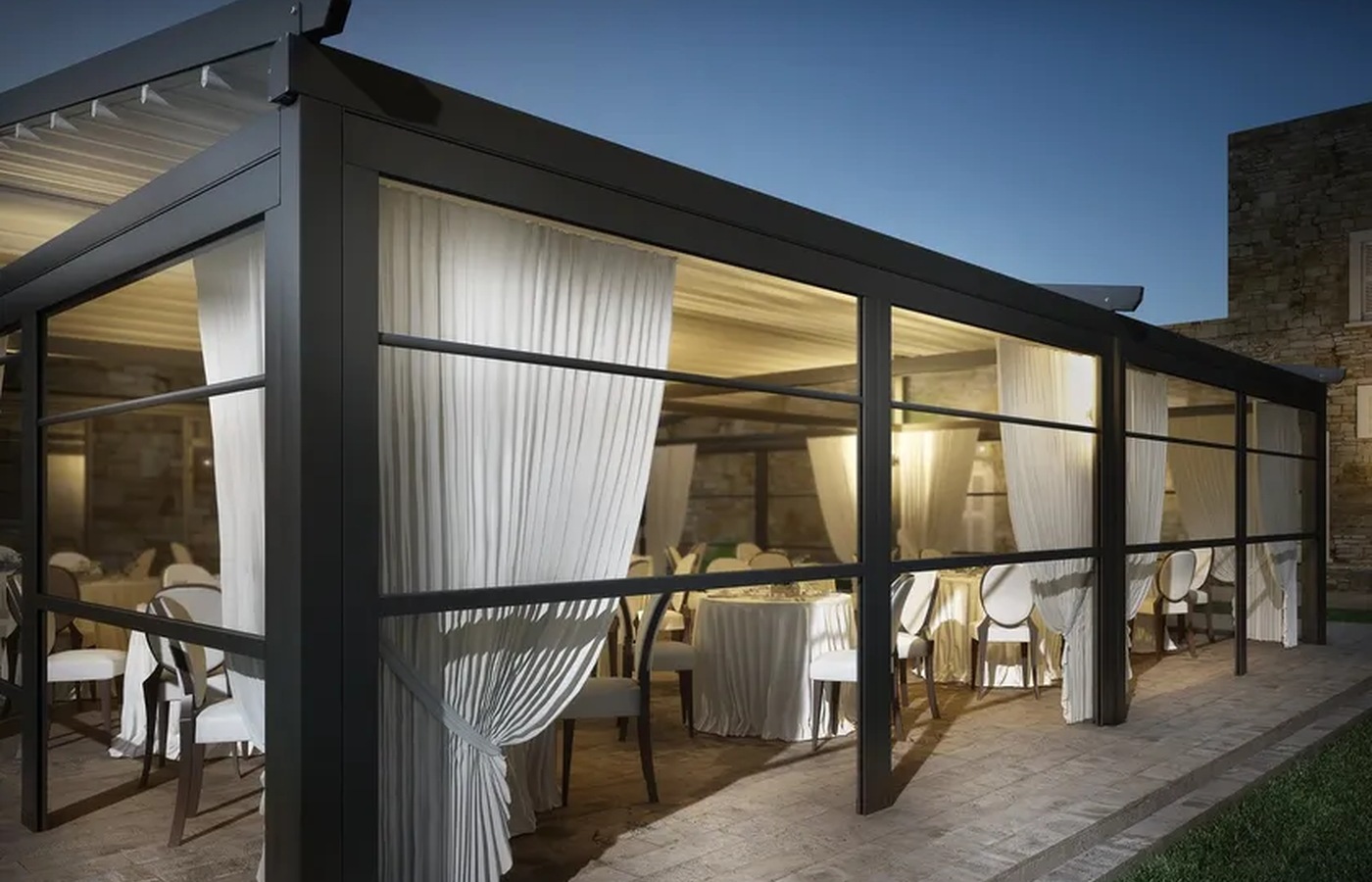 Atrium pergola showing the folding fabric roof