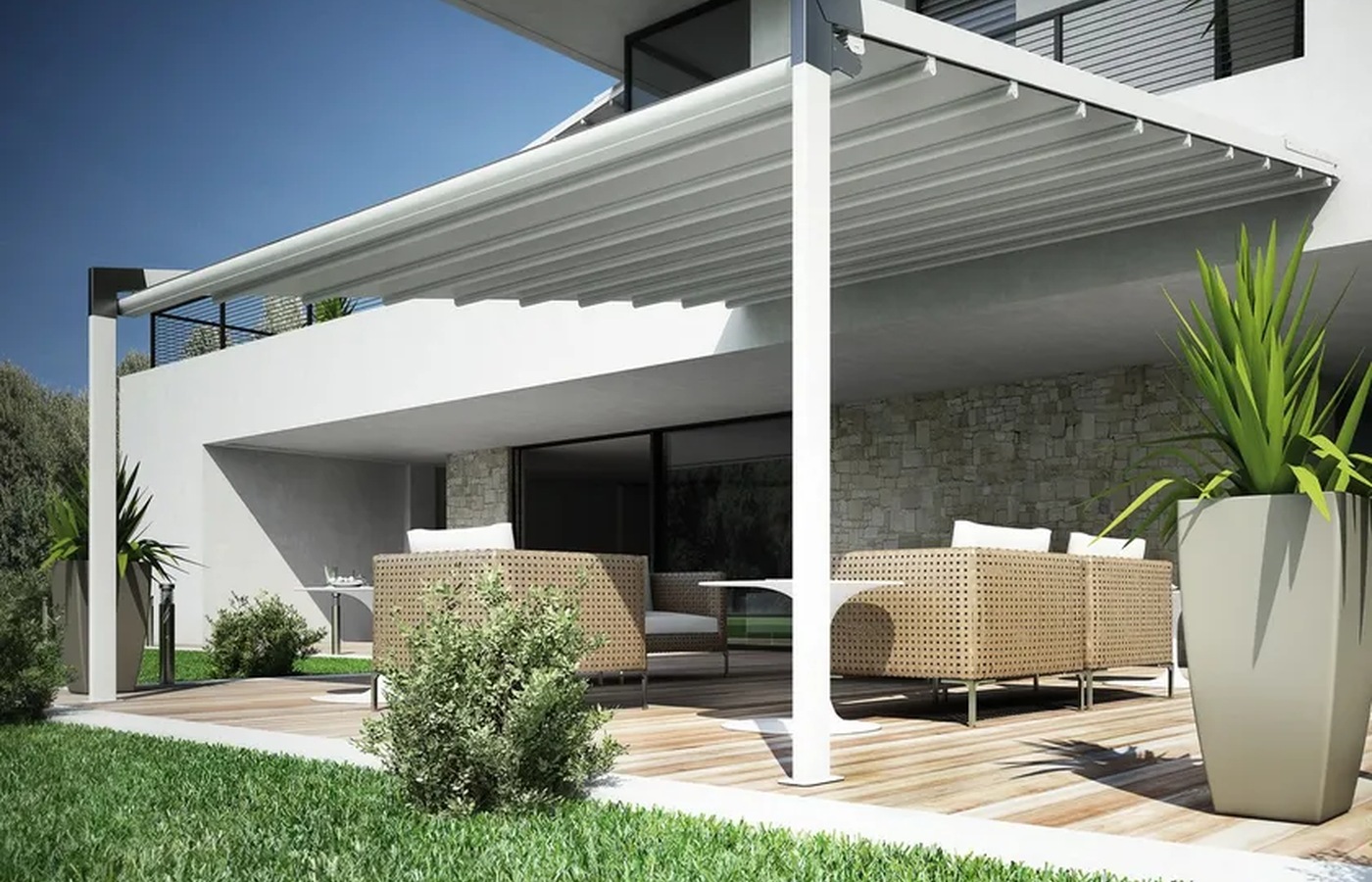 Flexia sloped folding fabric roof above a residential terrace