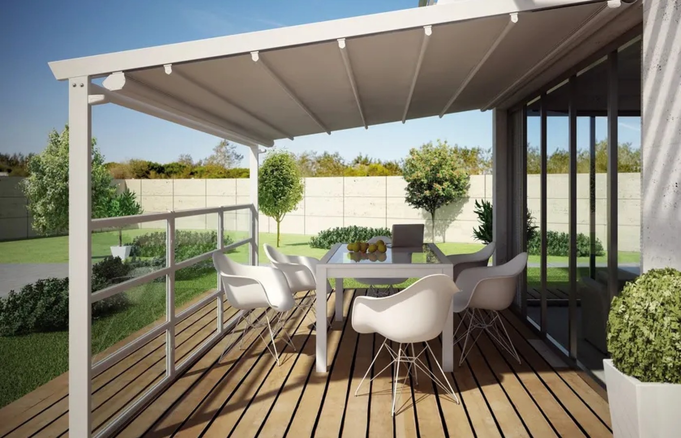 Pergalpack sloped folding fabric roof over a terrace