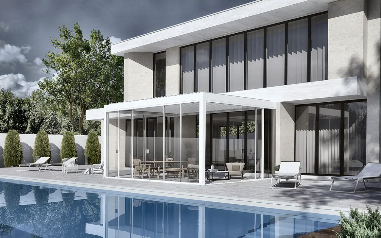 Bioair wall-mounted structure with tilting louvres and sliding glass