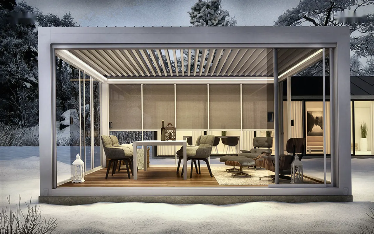 DIESIS O bioclimatic pergola with adjustable aluminium louvres in winter