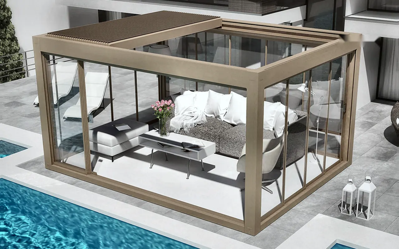 Diesis R freestanding system with retractable and adjustable aluminium louvres