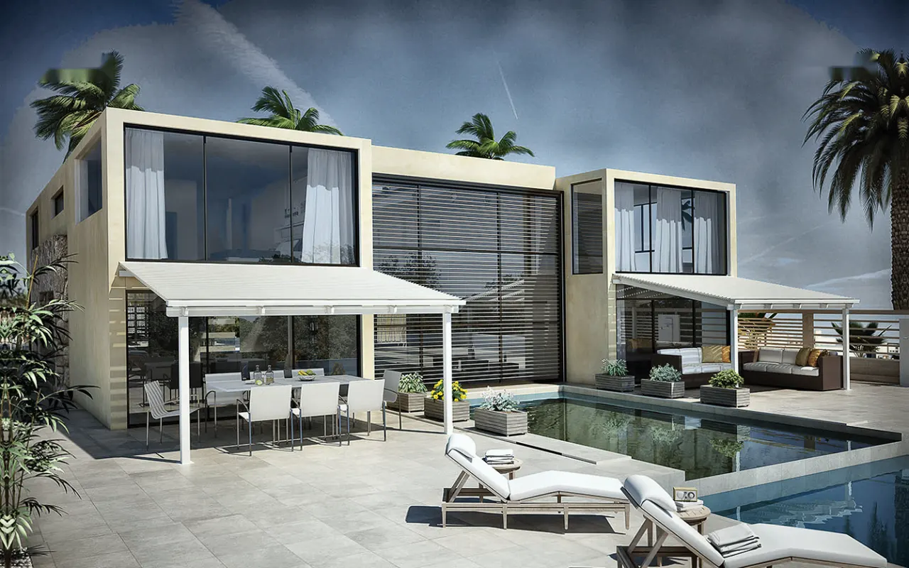 Eclissi AD wall-mounted structure with a sloped aluminium louvre roof