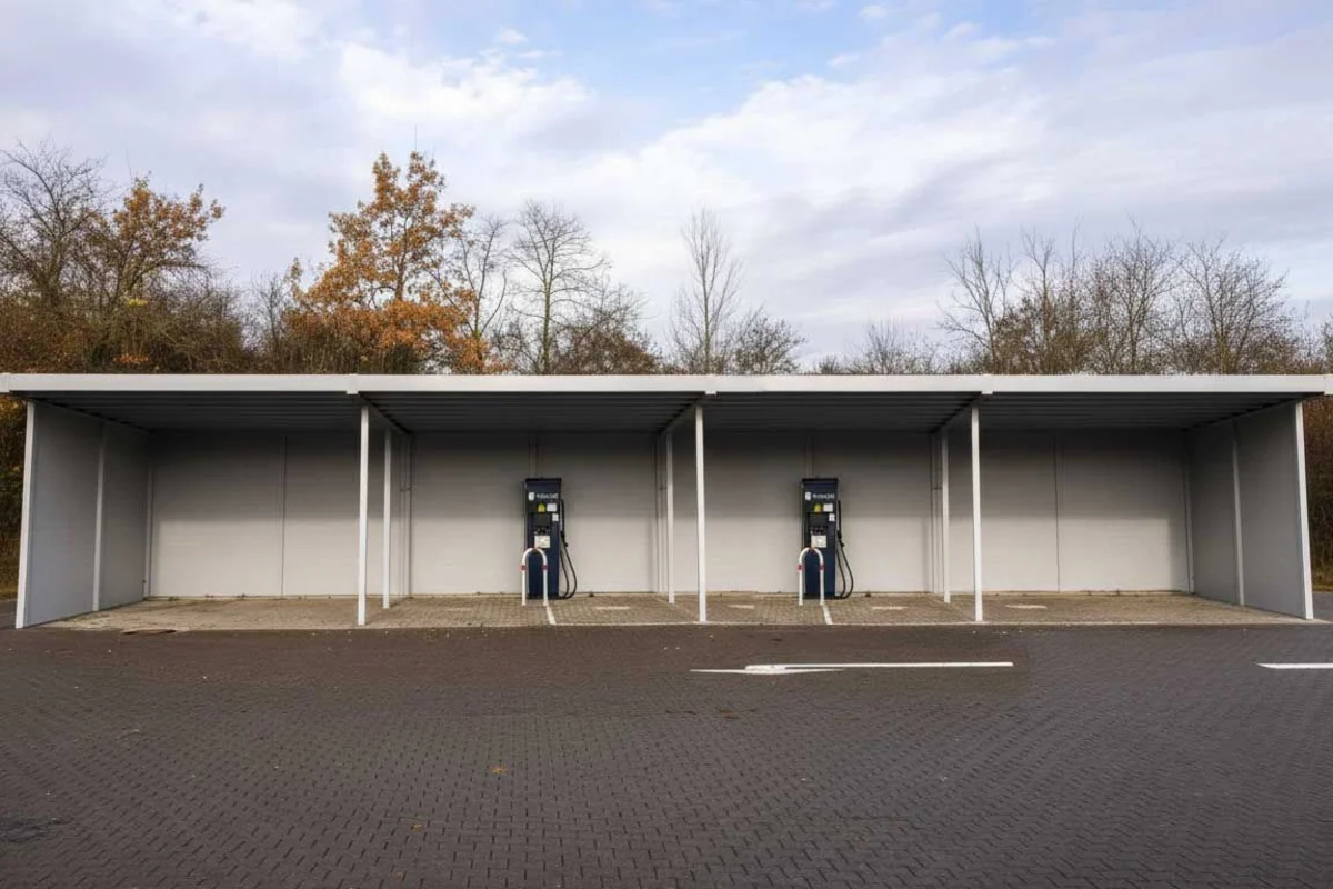Weather-protected EV charging station canopy in Galway by AVC Build
