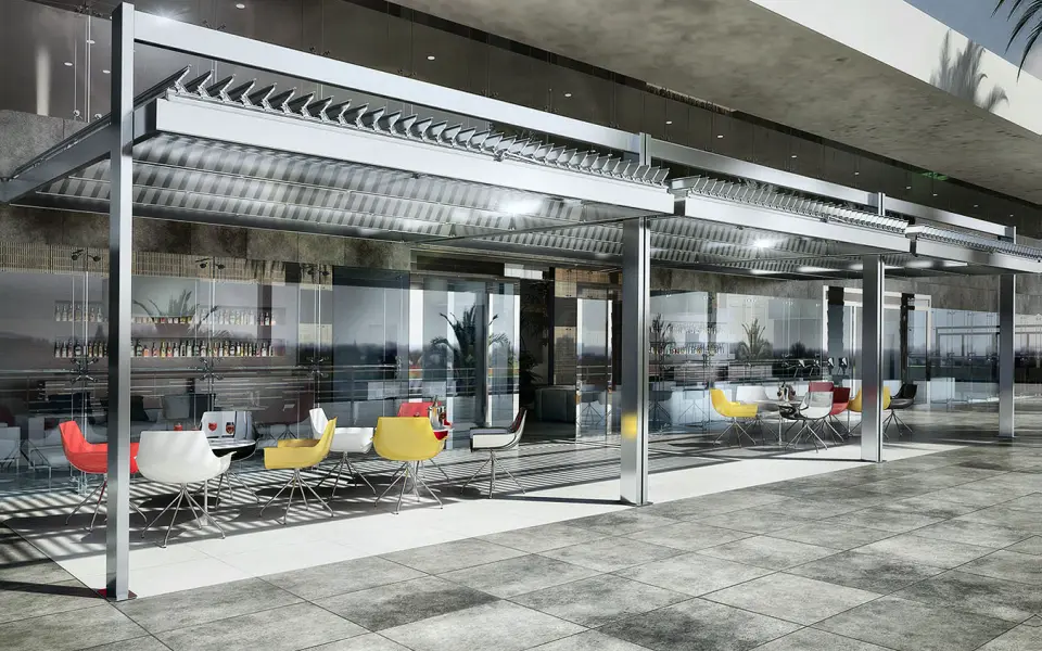 Koevo wall-mounted system for a commercial outdoor seating area