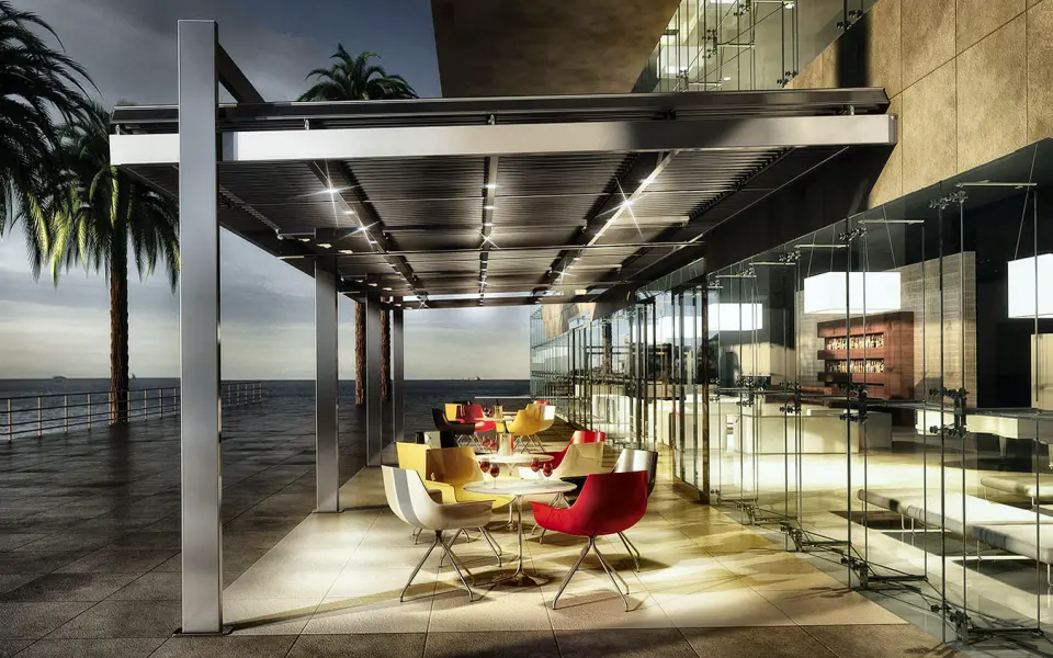 Koevo wall-mounted layout with a sloped longitudinal louvre roof and lighting