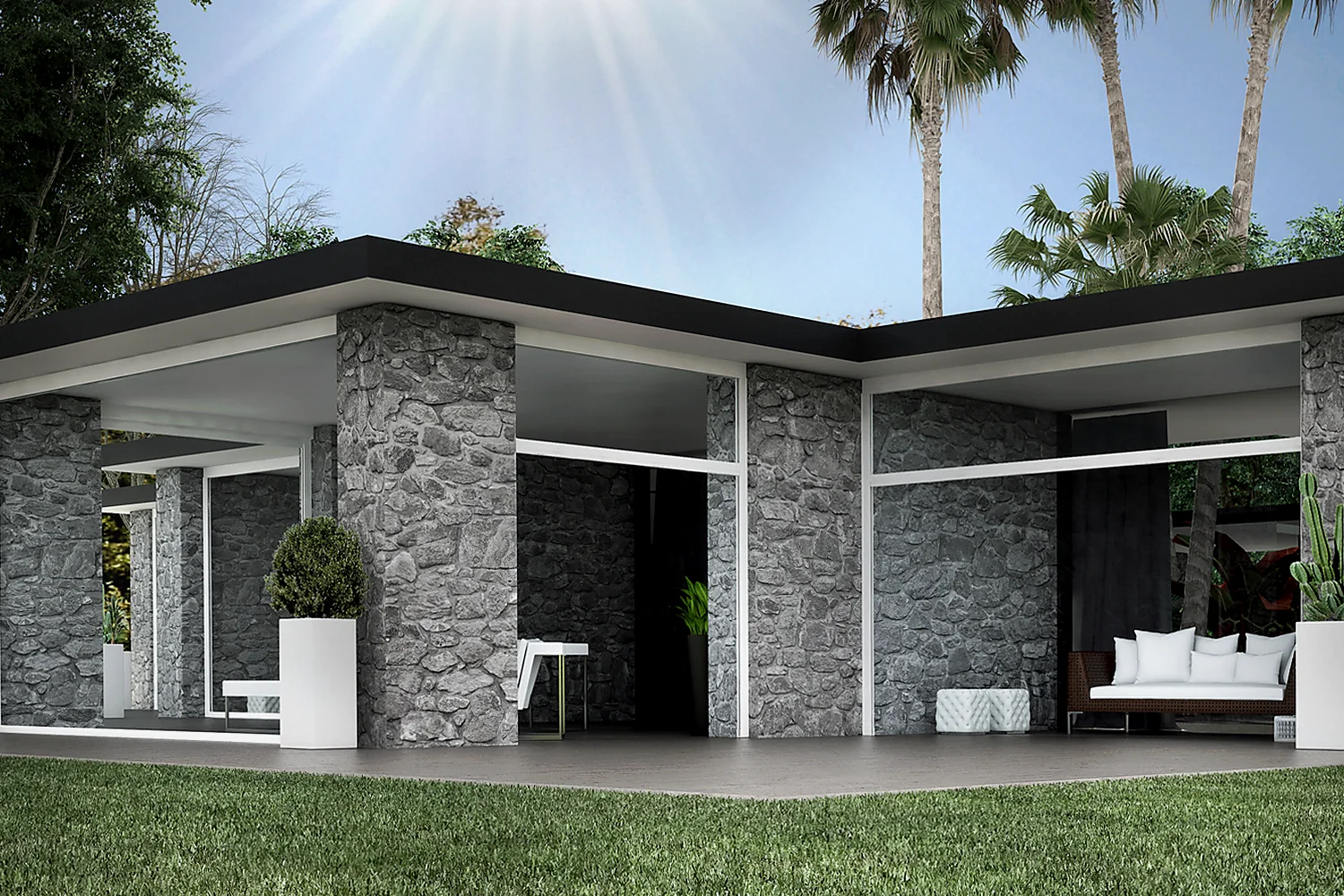 LEVANTE ZIP screen fitted between stone columns on a covered terrace