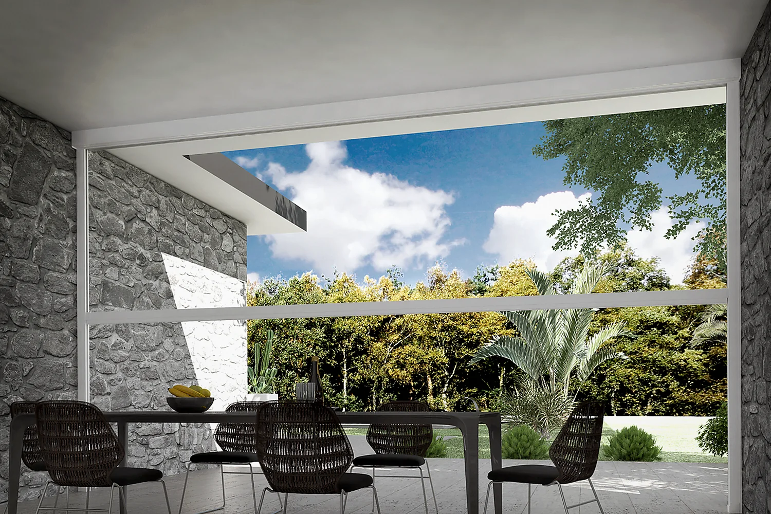 LEVANTE vertical ZIP screen viewed from inside a covered dining terrace