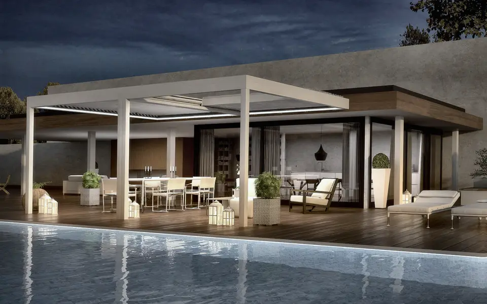 Orchestra system with perimeter lighting and independently moving louvres