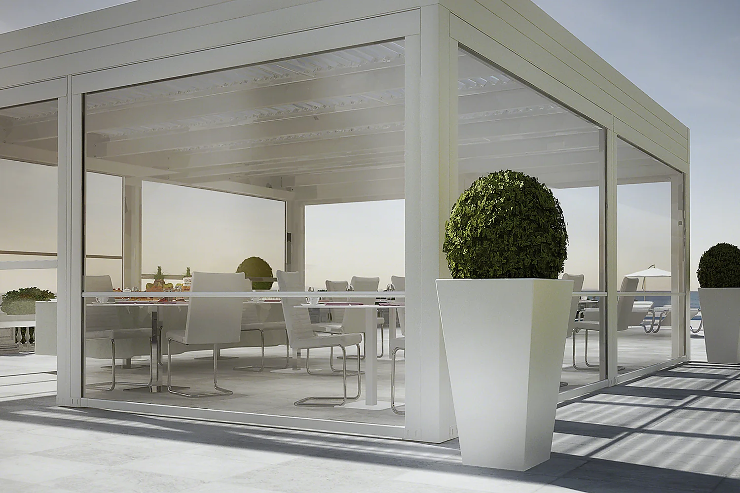 SOLAR ONE vertical drop awnings fitted to a freestanding aluminium pergola