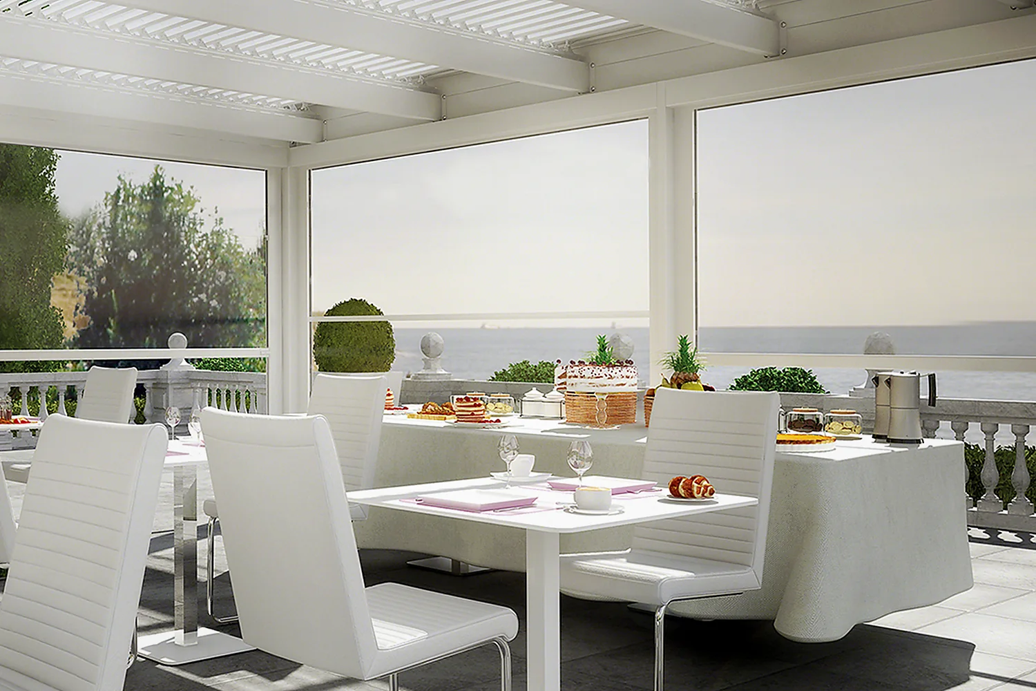 SOLAR ONE guided drop awnings protecting an outdoor dining area