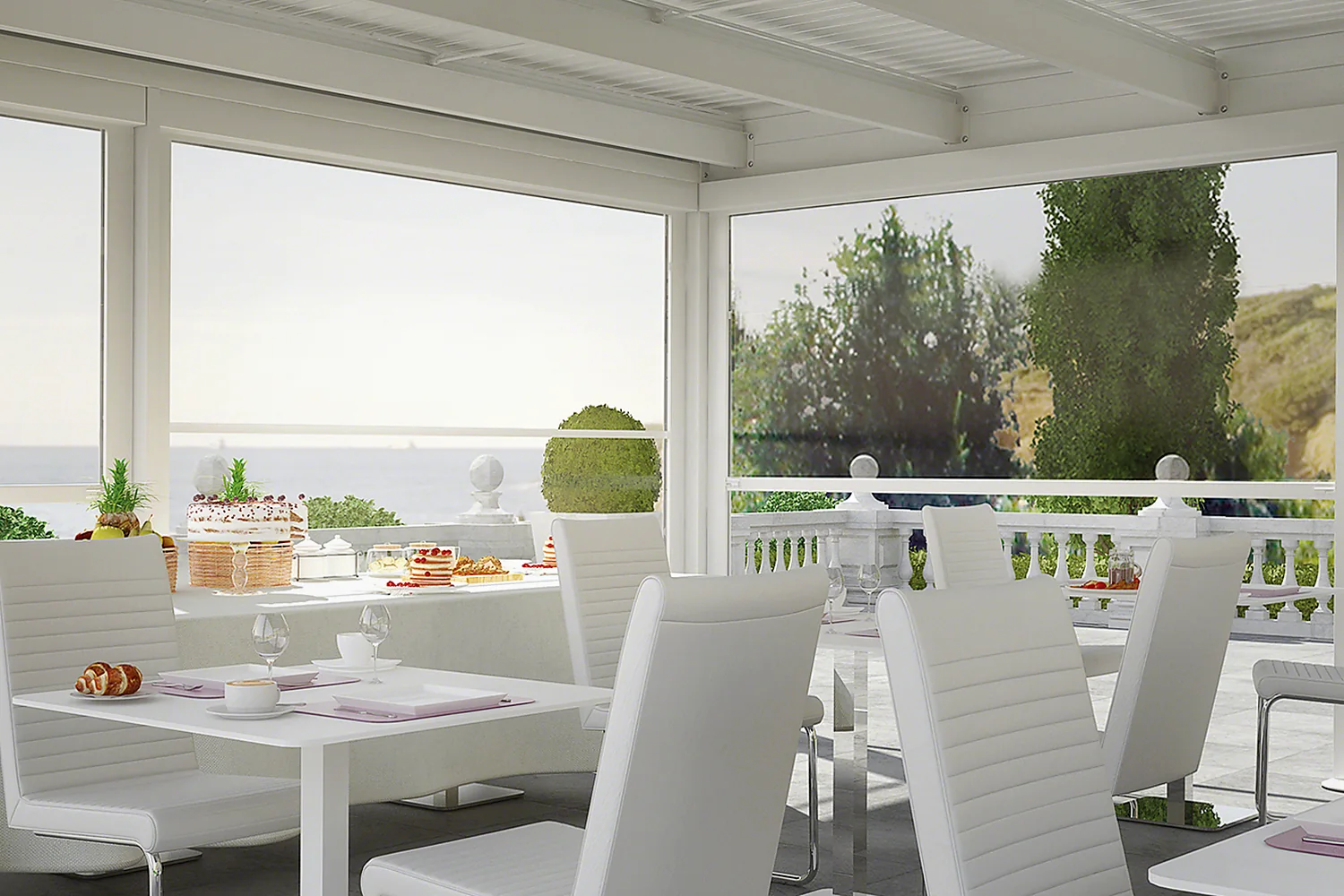 SOLAR ONE side-guided vertical awnings around a covered hospitality terrace