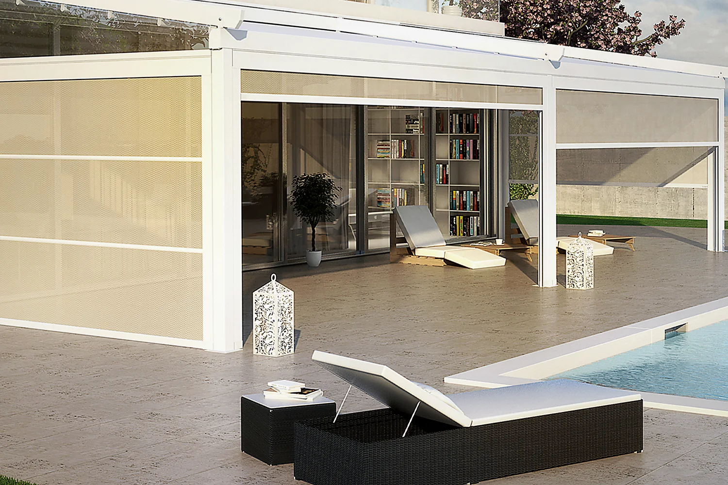 SOLAR PLUS vertical awnings with double traction slats around a pergola