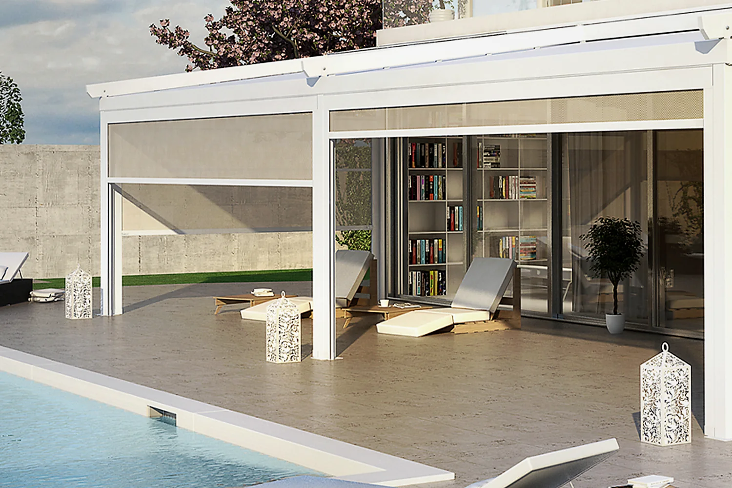 SOLAR PLUS guided vertical awnings installed beside a residential pool terrace