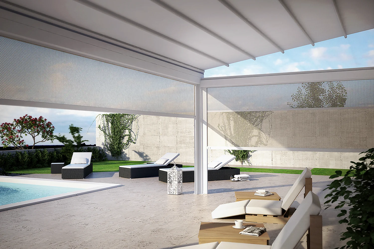 SOLAR PLUS windscreen awnings viewed from inside a covered patio