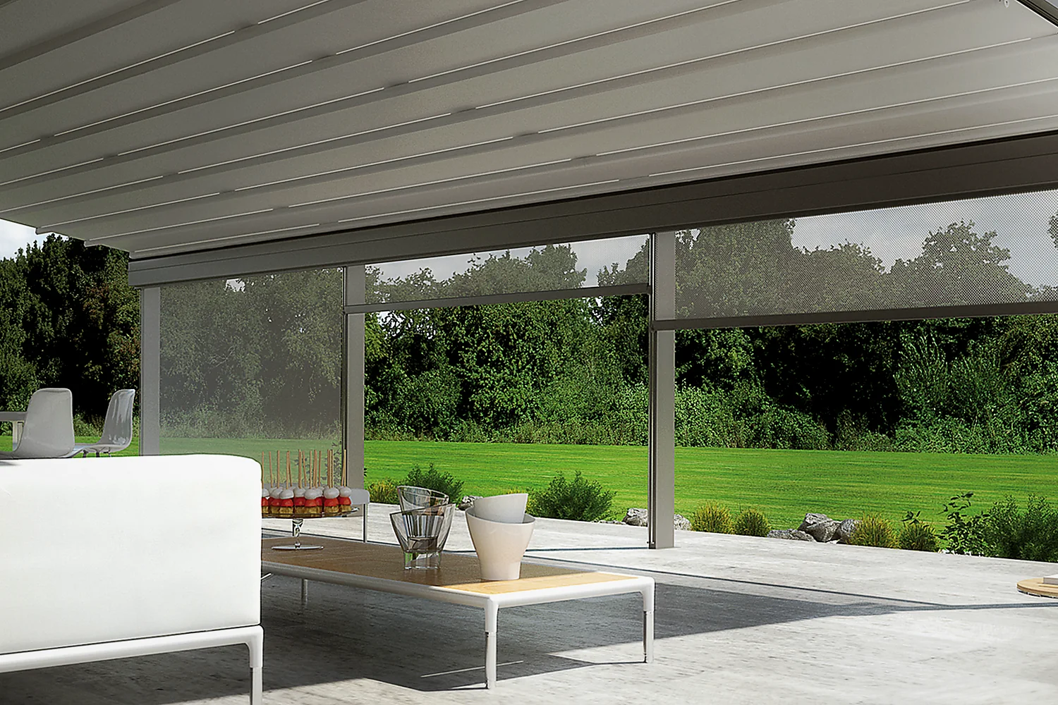 STAL minimalist vertical awnings with stainless steel guide rods