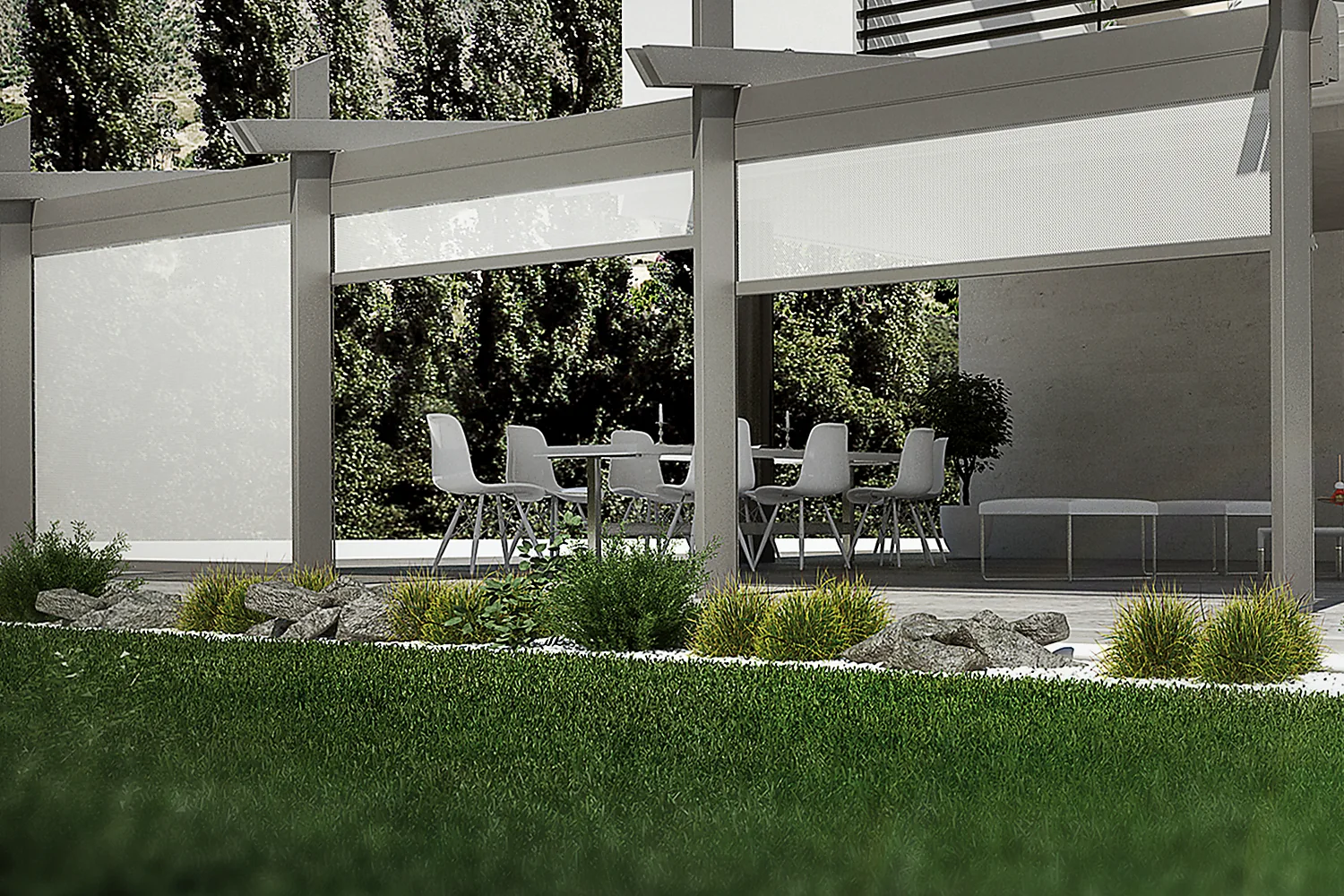 STAL vertical drop awnings fitted to a modern outdoor terrace