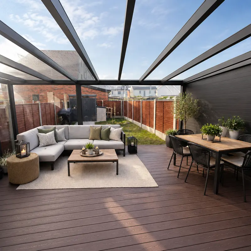 Made-to-measure aluminium garden room with a glass roof and outdoor living area