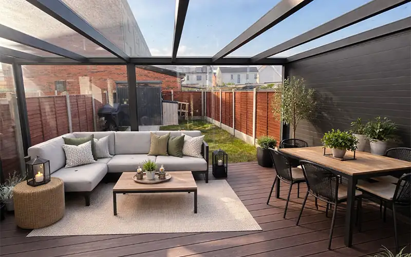 Made-to-measure aluminium structure with glazing and side walls