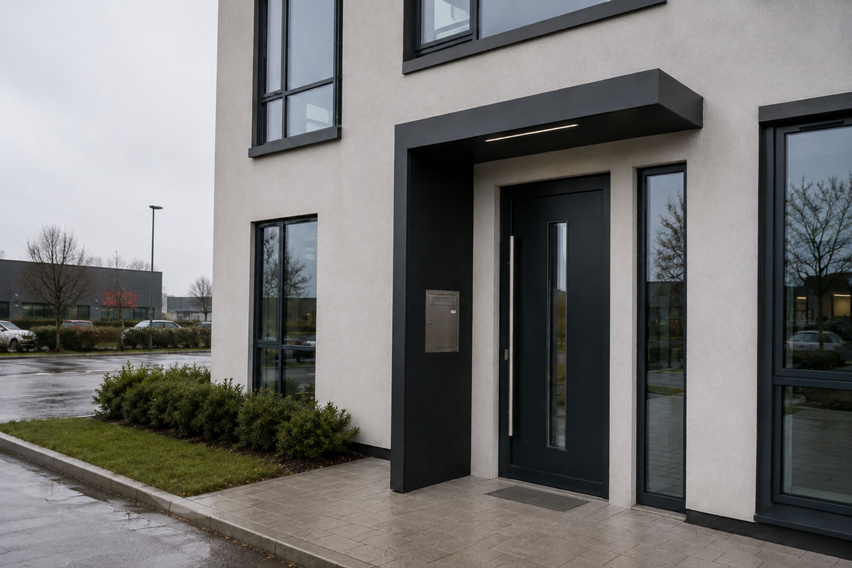 BS Plus aluminium entrance canopy with side panel and integrated LED lighting