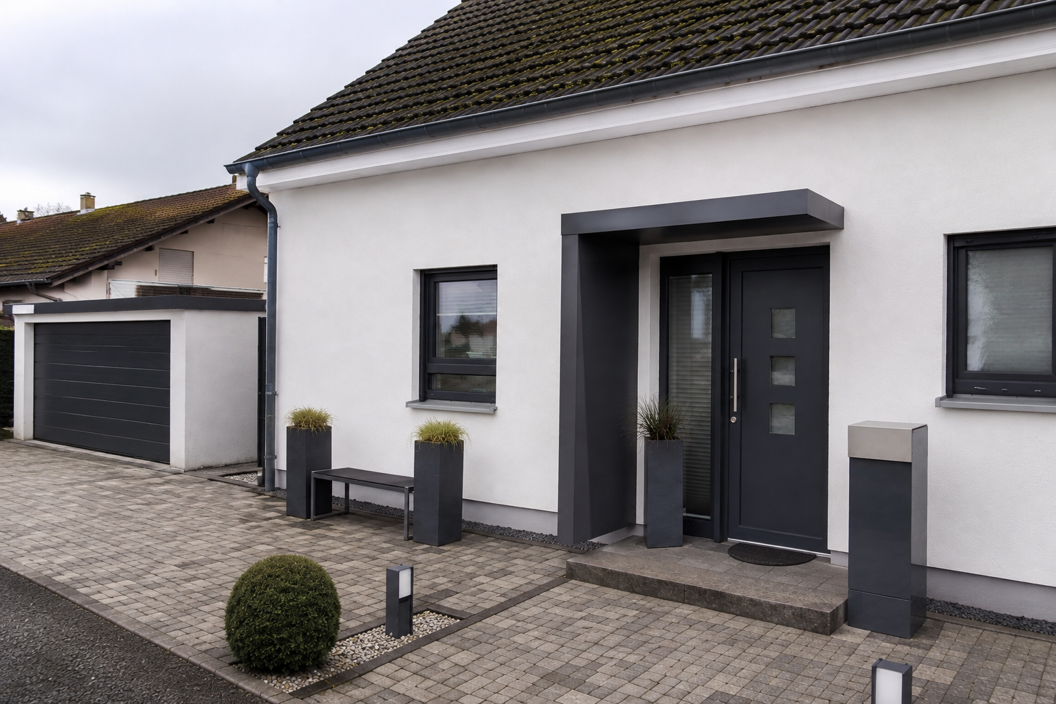 Entrance canopy with integrated side panel and mailbox