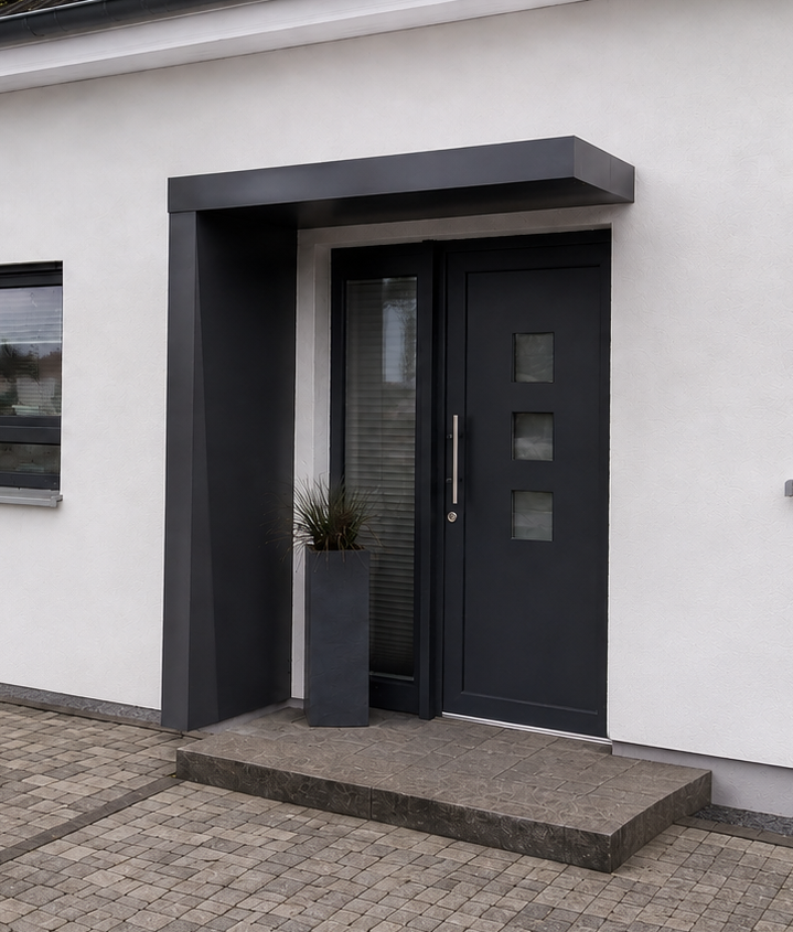 Modern front door canopy with side panel and integrated mailbox Ireland