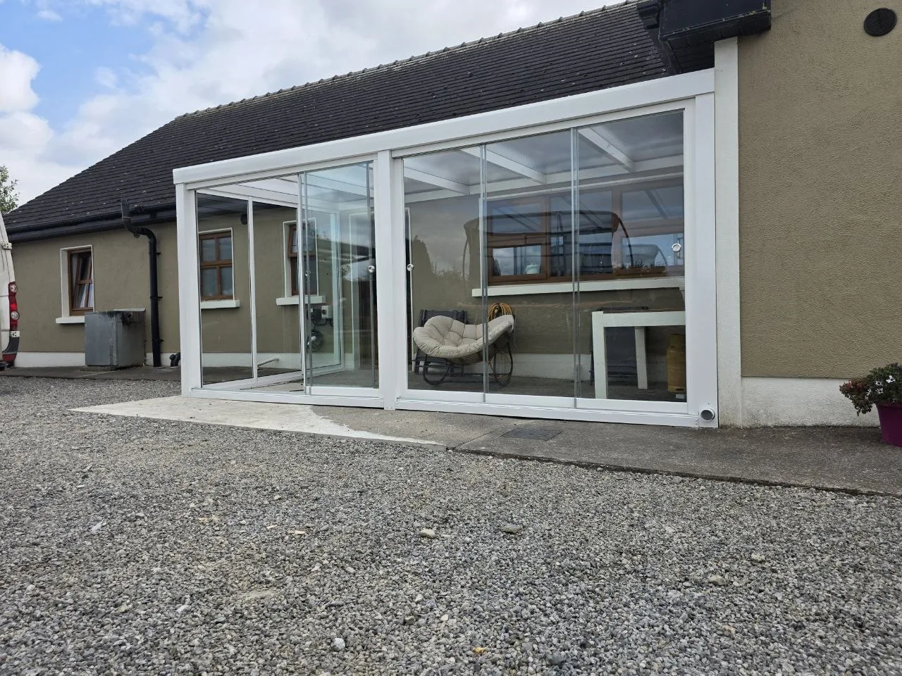 Completed aluminium garden room with opal polycarbonate roof in Roscommon